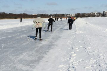 En grupp åker långfärdsskridskor i samhälle.